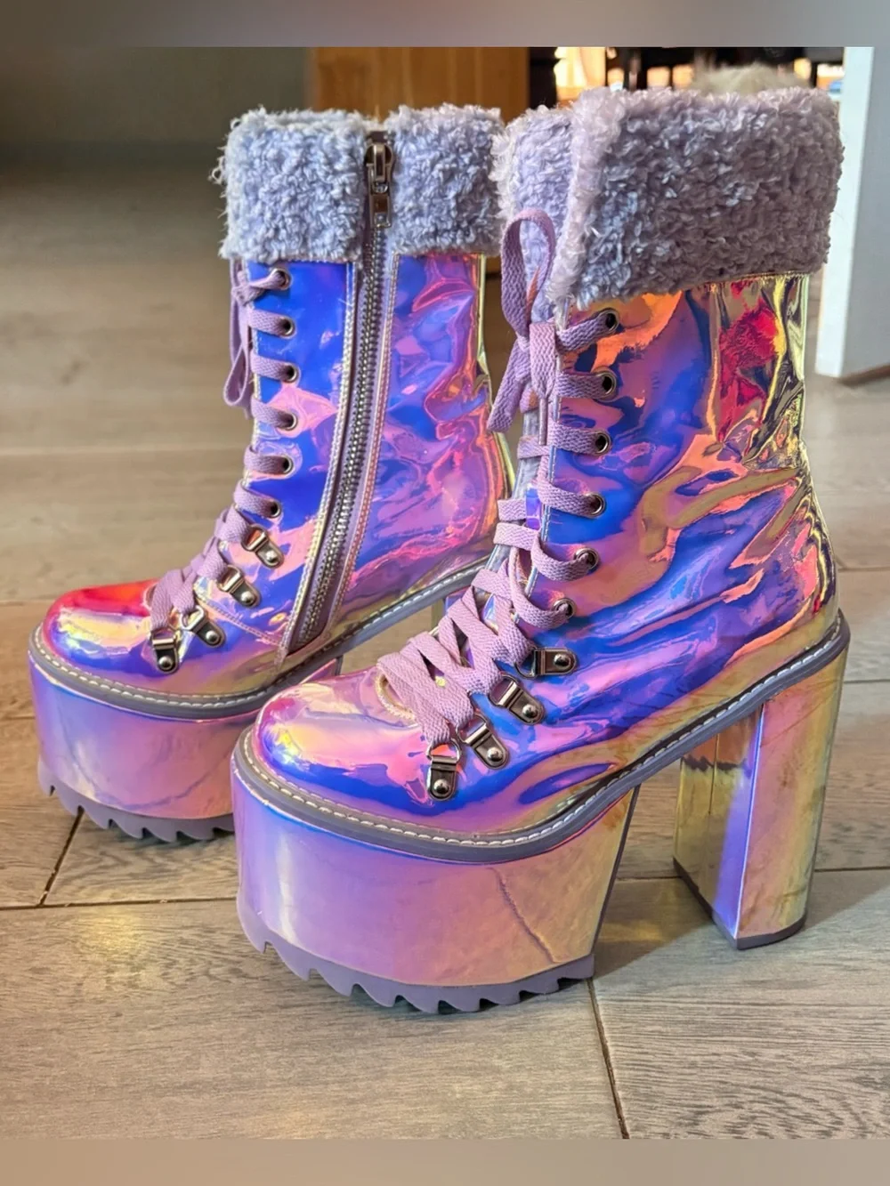 Iridescent Pink Platform Boots with Faux Fur Collar